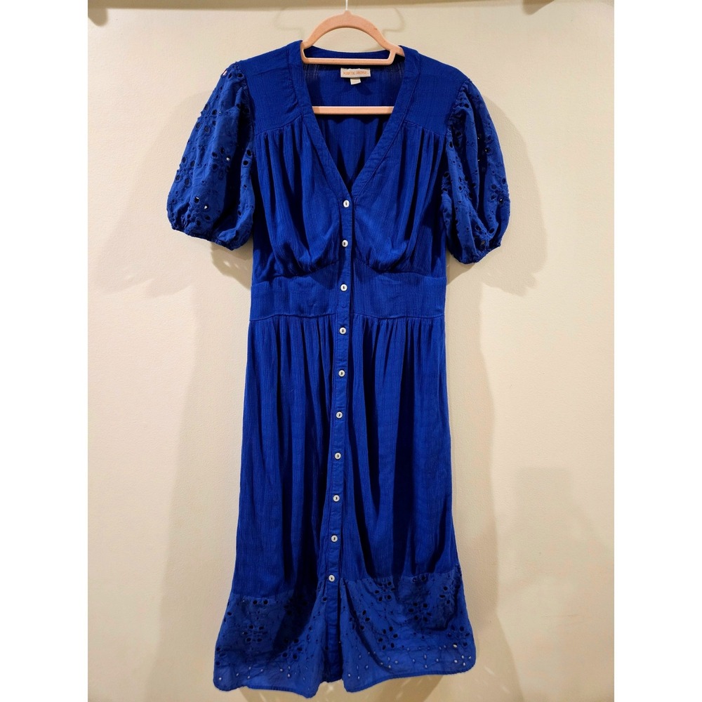 Knox Rose Womens Blue Eyelet Puff Sleeve Button‎ Front Midi Dress Small Boho